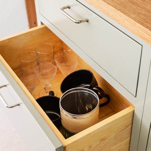 Antique green Scandinavian Shaker Kitchen inside drawer